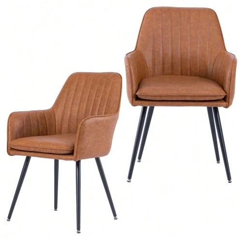 Dining Chair Set Of 2 – Modern Fabric Chair With Armrests And Gold-Plated Metal Legs. Luxurious Dining Room Furniture For Living Room, Kitchen & Reception Room - Brown - View 1
