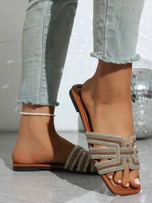 Women's Shiny Open Toe Flat Sandals, Fashion Casual Luxury Rhinestone Decor Slip-On Slides, Suitable For Spring/Summer, Comfortable Flat Style - Brown - View 6