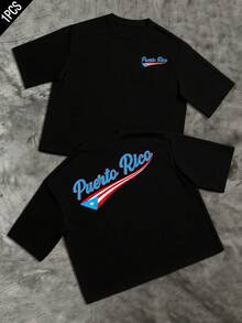 Graphic Showing The Word Puerto Rico With A Blue, Red, And White Flag Representing Cultural Pride, Tropical Energy, And Maritime Freedom. Men's Double-Sided T-Shirts With A Modern And Comfortable Print For Everyday Wear. - 黑色 - 查看 8