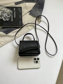 女士时尚迷你黑色PU皮革手提包，简约纯色轻便斜挎单肩包，适合日常休闲、户外购物、聚会等场合。 - 黑色 - 查看 4