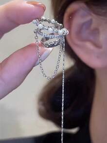 Khuyên tai kẹp không cần xỏ lỗ, mạ bạc, đính đá Cubic Zirconia, kèm dây tua dài, dành cho bé gái, trang sức lấp lánh thanh lịch cho cả ngày thường và tiệc tùng. - YE0033 - Xem 1