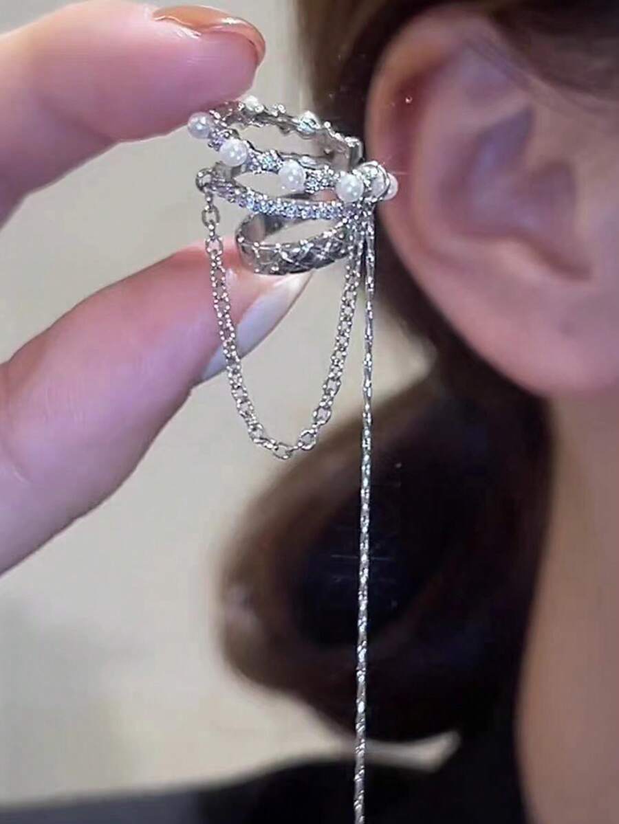 Khuyên tai kẹp không cần xỏ lỗ, mạ bạc, đính đá Cubic Zirconia, kèm dây tua dài, dành cho bé gái, trang sức lấp lánh thanh lịch cho cả ngày thường và tiệc tùng. - YE0033 - Xem 1
