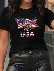 Women's Short-Sleeved T-Shirt With A Round Neck And Eagle And National Flag Print - Casual Sporty Style, Soft And Breathable, 95% Polyester 5% Spandex 180g, Urban Style Design, Unique Personality, Modern And Versatile, Casual And Comfortable. Unisex Short-Sleeved T-Shirt With A Round Neck, Urban Vintage Style, 100% Cotton. - 黑色 - 查看 6