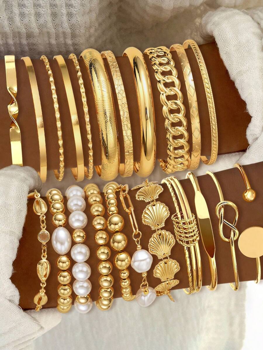 Bộ 22/7 chiếc vòng tay bản to phong cách tối giản thanh lịch tinh tế, thiết kế vintage đa lớp thời thượng, họa tiết hình học, đính ruy băng, đá giả lấp lánh, ngọc trai giả, hạt tròn, vỏ ốc nhân tạo, đĩa, xích xoắn chéo, thiết kế phối hạt tròn, bất đối xứng, vân dập nổi, bề mặt bóng, phong cách kim loại trơn phóng đại, quà tặng cho kỳ nghỉ, tiệc, hẹn hò, đi làm hàng ngày, cá nhân hóa - Vàng - Xem 1