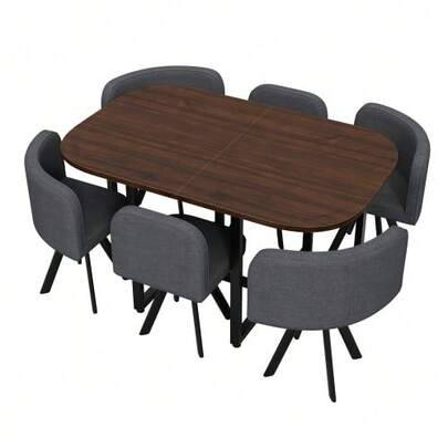Table And Chair Set For 6 People, Consisting Of A Table (140 X 90 Cm) And Six Chairs With Linen Upholstery, Suitable For Kitchens And Dining Rooms (Walnut Tabletop + Grey Chairs)