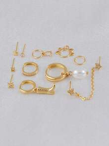 11pcs Cubic Zirconia Faux Pearl Elegant Earring Set, Western Cowboy Boot & Star Decor Multiple Ear Holes Earrings, Suitable For Women's Daily, Date, Music Festival, Party Layered Matching - Yellow Gold - View 5