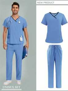 Men's Summer Contrast Trim Short Sleeve Top And Pants Set, Nurse/Doctor/Veterinary/Caregiver Uniform - Baby Blue - View 2