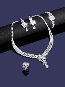 5Pcs/1Set Fantay Sparkling Cubic Zirconia Jewelry Set For Necklace, Drop Earrings, Bracelet & Ring For Weddings & Parties - CY1005 - View 5