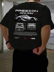 Men's T-Shirt With Racing Letter Print, Round Neck, Short Sleeve For Summer Outdoor Sports. - 藍色 - 查看 6