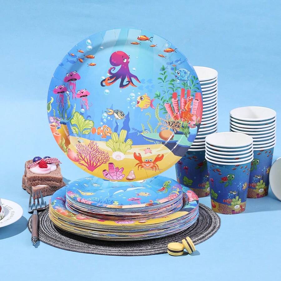 10/20/30/60pcs Ocean Theme Disposable Party Tableware Set - Octopus & Fish Pattern Paper Plates And Cups, 9-Inch And 7-Inch Birthday Party Plates And 9oz Cups, Suitable For Underwater Theme Party, Ocean Animal Birthday Decor, Underwater Creature Party Supplies - View 1