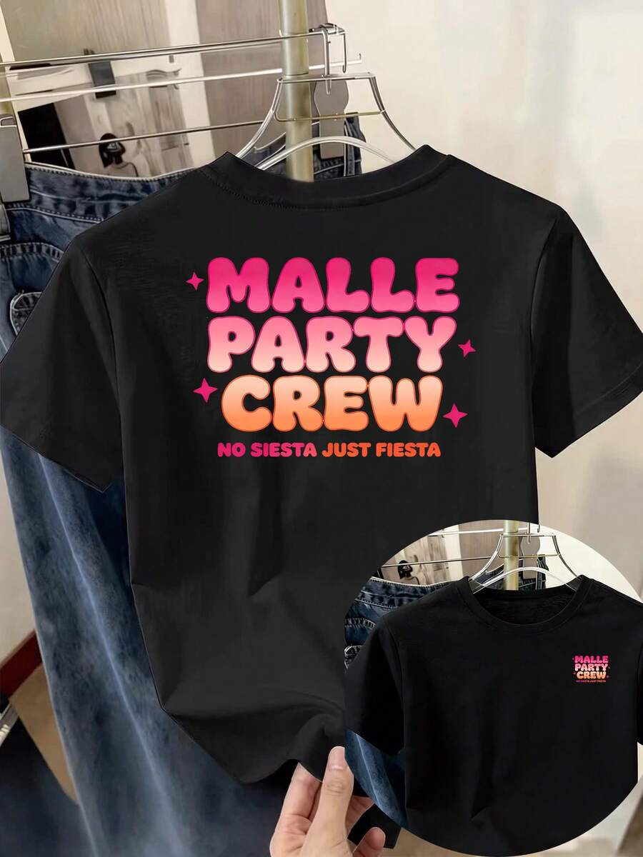 Women's Short-Sleeved T-Shirt With A Crew Neck And MALLE PARTY CREW Letter Print, Made Of 100% Cotton, With A Double Print On The Chest And Back. Casual And Comfortable Fabric, Suitable For All Seasons; Can Be Worn As A Base Layer In Spring And Autumn Or On Its Own In Summer. Neutral Style, Heavyweight Cotton City Boy Style T-Shirt. - 黑色 - 查看 1