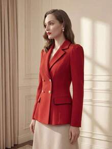 AYYFranclia Blazer de negocios casual de otoño elegante con ajuste de cintura, de doble botonadura, hebilla de metal y borde negro en contraste, en color caqui, para uso en primavera y otoñoAYY - Rojo - Ver 7