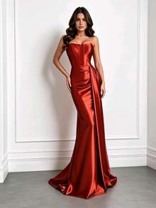 Satin Dress For Parties And Special Occasions, Strapless, Elegant - Terracotta - View 3