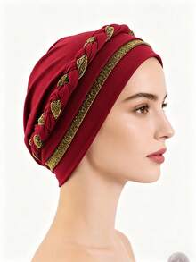 1pc Embroidered Knit Muslim Hijab Cap, Multi-Color Fleece Hat, Adjustable Breathable Fabric, Hand Wash - Color - View 3