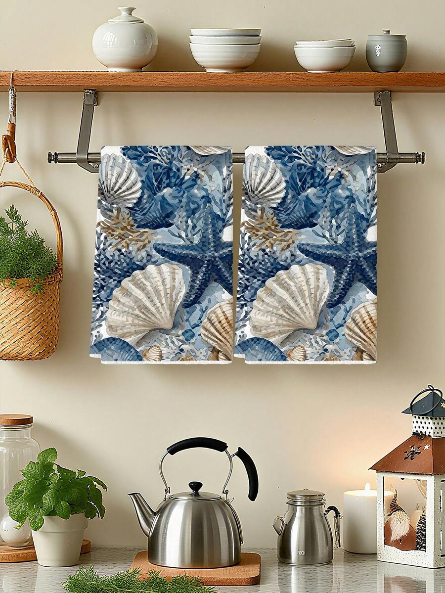 2pcs Coastal Shell & Starfish Watercolor Ocean Nautical Style Kitchen Towels, Can Be Used As Kitchen Hand Towels, Tea Towels, Suitable For Farmhouse Kitchen Home Indoor Tableware Drying - Blue and White - View 1