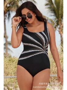 Women's Plus Size Printed One-Piece Swimsuit - 鏈條豹 - 查看 1