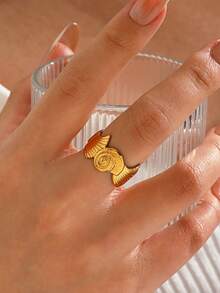 1pc Minimalist Stainless Steel Grooved Open Ring, Suitable For Women's Beach Vacation Wear - Yellow Gold - View 3