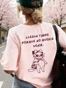 Oversized Drop Shoulder Tee With Spanish Text And Cool Cat Print. Funny And Stylish Streetwear, Soft And Comfy For Daily Casual Wear. - Pink - View 5