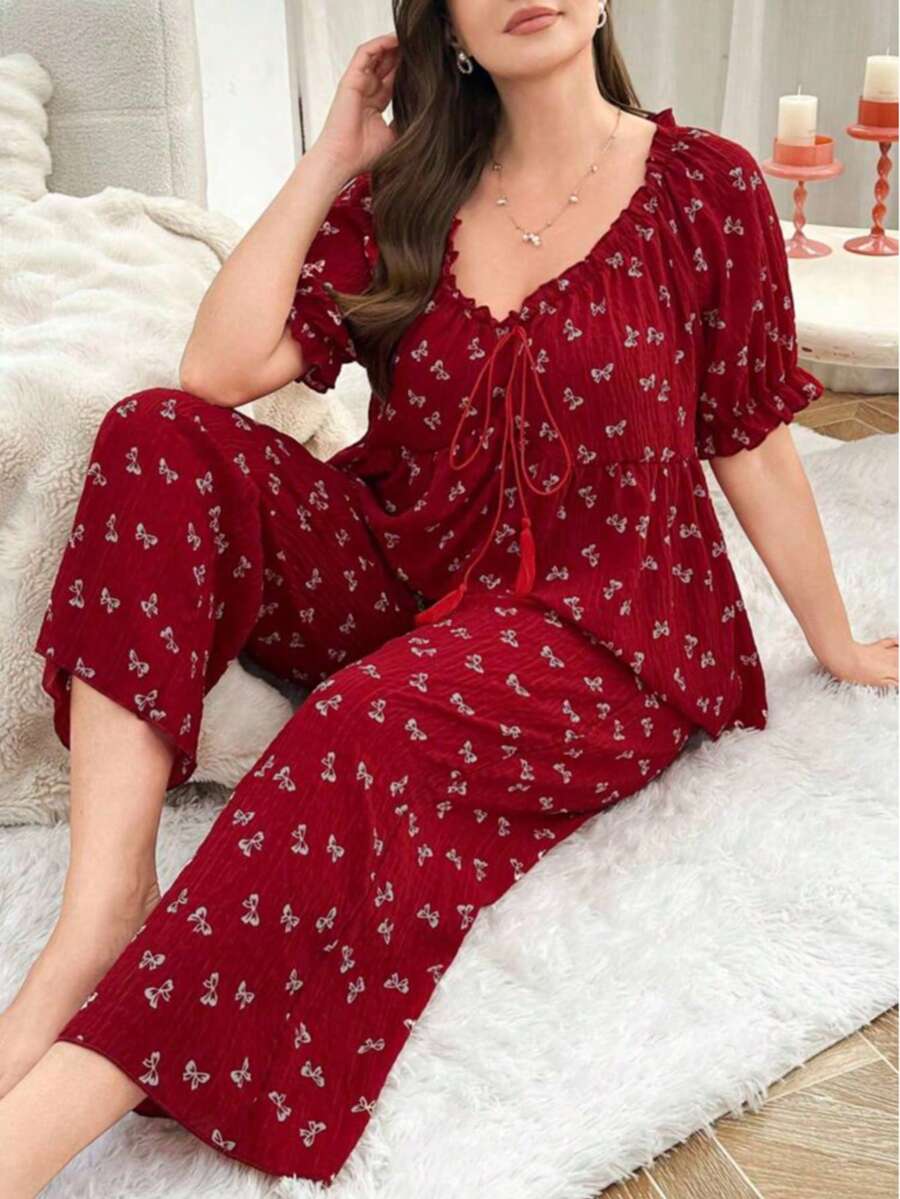 Plus Size Women Elegant Tie-Front Butterfly Print Short Sleeve Pajama Set - Multicolor - View 1