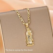 1pc Classic European & American Copper Inlaid Zirconia Small Vintage Gold-Tone 3D Guadalupe Virgin Mary Pendant Necklace, Suitable For Christmas/Thanksgiving/Halloween/Mother's/Valentine's Day Gifts, Catholic First Communion, Daily & Holiday Wear, Prayer - Yellow Gold - View 9