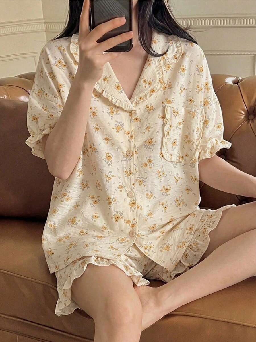 DAZY 女士圆领开衫睡衣套装,印花短袖短裤,两件套可爱睡衣,休闲家居服,易护理面料,春夏款 - 薑色 - 查看 1