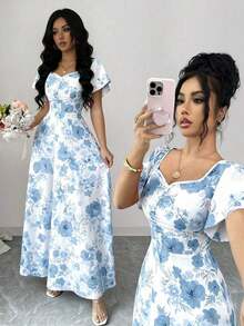 Elenzya Vestido de línea A con volantes en las mangas, fruncido en el frente y estampado floral de rosas, elegante y casual, ideal para vacaciones, viajes, citas, moda francesa y estilo retro, versátil para primavera y verano, de manga corta y largo maxi, en rojo, blanco y multicolor - Multicolor 2 - Ver 12