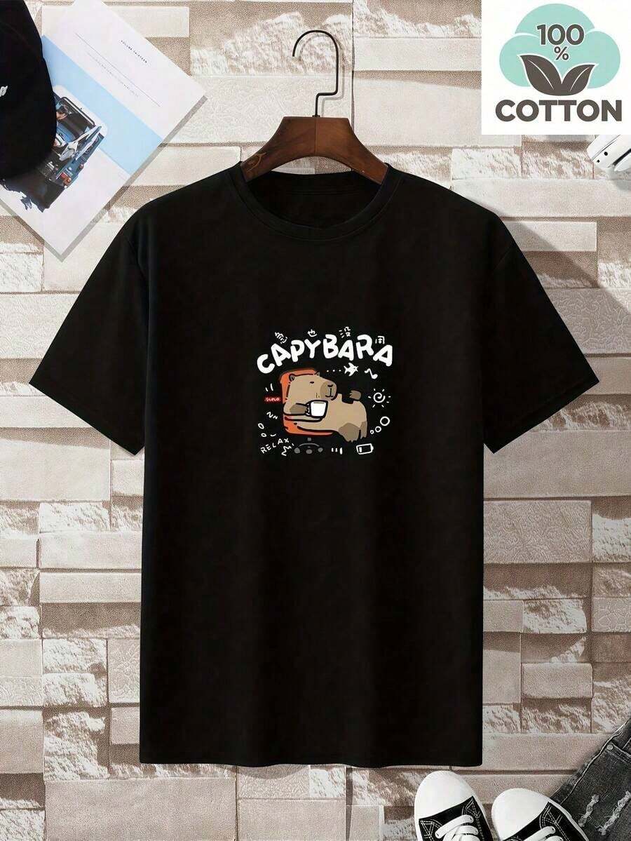 T-shirt da uomo oversize, 100% cotone (180 g/m²), novità estate 2025, design alla moda e confortevole, stampa grafica "Capybara", vestibilità alta, taglia XL.
