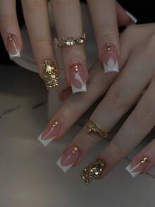 10pcs Square Short Handmade Nail Stickers, Elegant Nude Pink French Style, Full Coverage Rhinestone Decorated Nude Pink False Nails, Suitable For Daily Wear, Parties, Dates, For Women And Girls Handmade Press On Nails - Champagne - View 2