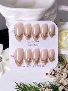 10 Pieces Handmade Almond Press-On Nails, Pink Cat-Eye French Style With Gold Lines And Bows. Versatile For All Hand Shapes, Ideal For Daily Outings, Sweet Dates And Other Occasions. A Delicate And Luxurious Gift Choice For Ladies. - Multicolor - View 14