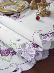 1pc Elegant Purple Flower Embroidered Table Runner, Placemat And Table Scarf, Scalloped Hollow-Out Cutwork Design, Vintage French Style. Perfect For Daily Home Use, Festivals And Wedding Table Decoration. - Purple - View 8