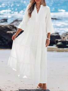 Long-Sleeved V-Neck Pleated Maxi Dress With Blue And White Floral Print, Suitable For Spring And Summer, Sundresses For Women, Shirt Dresses For Women In Autumn, Elegant Holiday Dress - 黑色 - 查看 4