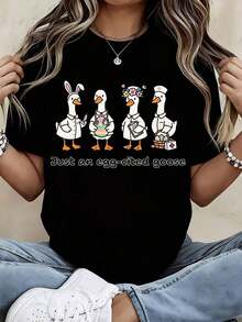 T-Shirt With Cute Duck Design And Easter-Themed Characters, With The Text "Goose Excited About Egg", Ideal For Spring And Holidays - Urban Vintage Style, Unisex, Cotton, Short Sleeve, Round Neck, 100% Cotton. - 黑色 - 查看 7