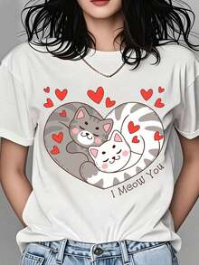 Valentine's Day T-Shirt With A Cat And Heart Design, Featuring A "Meow You" Graphic Print, Perfect For Casual Wear On Valentine's Day And Romantic Occasions. New Summer Arrivals: 100% Cotton Crew Neck T-Shirts. - 白色 - 查看 7