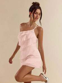 Solid Apricot Mini Dress With Lotus Leaf Overlay Suitable For Daily Dates, Nights Out, Nightclubs, Parties, Meetings, Cocktail Parties, Pool Parties, HAL2 - Old Rose - View 3