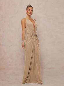 xheLumalex Vestido de playa para mujer con escote en V profundo, elegante, estirable y hermosoxhe - Albaricoque - Ver 6