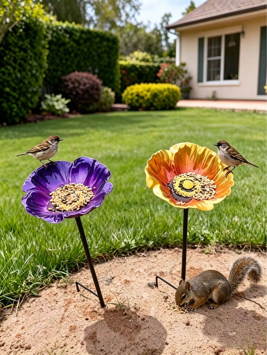 1件裝彩色花朵造型金屬花園插樁鳥食槽，戶外庭院裝飾，野鳥餵食站，蝴蝶與鳥類水盆，耐候性花園藝術品，易安裝裝飾性鳥食槽，戶外園藝用品