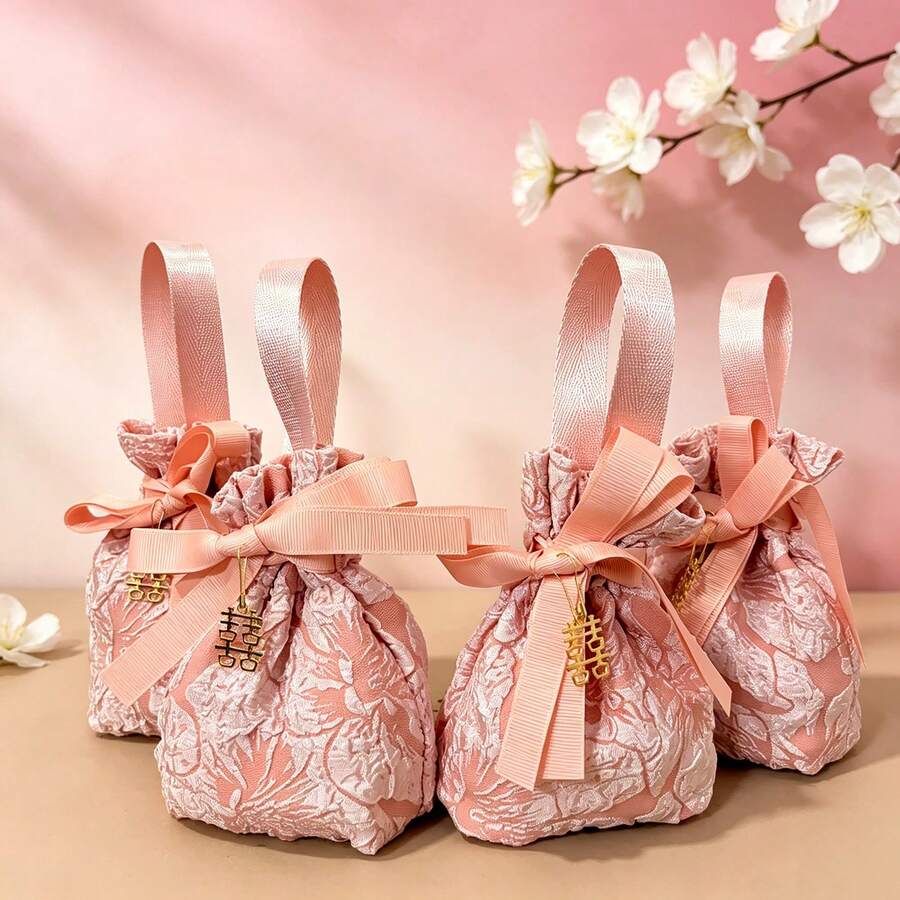 Jacquard Dessert Bag With Handle, Wedding Gift Set Bag, Textured Handheld Candy Bag, Suitable For Wedding, Engagement, Engagement Ceremony, Birthday Party, Baby Shower Gift, Jewelry Storage, Also As Wedding Guest Gift, Used For Storing Candy, Scented Candles, Small Soap, Hand Cream, Etc. This Bag Design Is Reusable And Very Practical - Multiple Styles - View 1