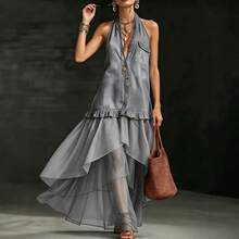 Vintage Halter Neck Faux Denim Sleeveless Shirt Dress With Mesh Splicing And Irregular Hem For A Resort Look - Light Blue - View 5