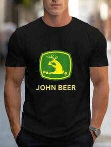 Camiseta divertida para amantes de la cerveza para hombres - Diseño gráfico de JOHN BEER y ciervo saltando - Camisa casual negra con tela lavable a máquina - Regalo para entusiastas de la cerveza (ajuste regular), ropa de diario, camiseta con estampado divertido, comodidad para todas las estaciones - Negro - Ver 1