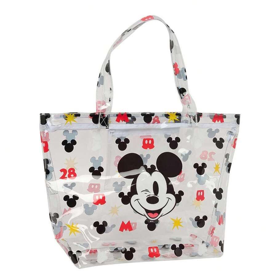 Safta | Disney Mickey Mouse Beach Shopping Bag With Zipper 54 X 35 X 17 Cm (32.1 Liters), Main Compartment Large Capacity, Inner Zipper Pocket, Top Handles, Transparent With Mickey Print - Pocket (2) - View 1