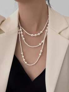 1pc White Multi-Layer Gradient Pearl Necklace, Vintage Gentle Versatile, Daily Wear & Party Accessory, Anniversary Gift - White - View 1