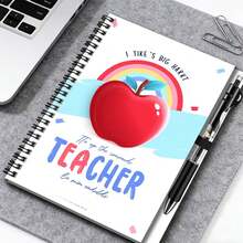 1 Set Teacher's Day Appreciation Spiral Notebook With Pen, Cover Featuring Vibrant Red Apple And Rainbow, Inscription "My Heart Is Broad, To The Awesome Teacher". 100 Pages/50 Sheets, Suitable For Work Records, Study Notes, Diary Writing, Also An Thoughtful Gift For Graduation, Birthday And Other Occasions. - B - View 2