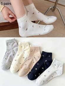5 Pairs Women's Short Socks, Ditsy Floral White & Black Casual Socks, Minimalist & Comfortable, Suitable For All Seasons - Multicolor - View 2