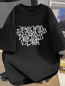 Camiseta corta de manga de con estampado abstracto de letras rojas, estilo casual para ir al trabajo, tops para hombres y mujeres - Blanco - Ver 8