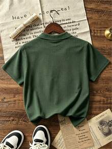 Teen Boys Minimalist Vertical Striped Knit Polo Shirt, Elastic Soft Versatile Daily Short Sleeve Knit Top - Green - View 4