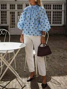 Blusa elegante y casual de lunares para mujer - Cuello con lazo, mangas farol, corte holgado, diseño con volantes para vacaciones - Azul - Ver 5