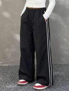 1pc Loose Fit Cargo Straight Leg Pants With Pockets, White Line Trim, Casual Outdoor/Indoor Sports Style For Girls 4-7 Years Old, Spring/Summer/Autumn - Black - View 1