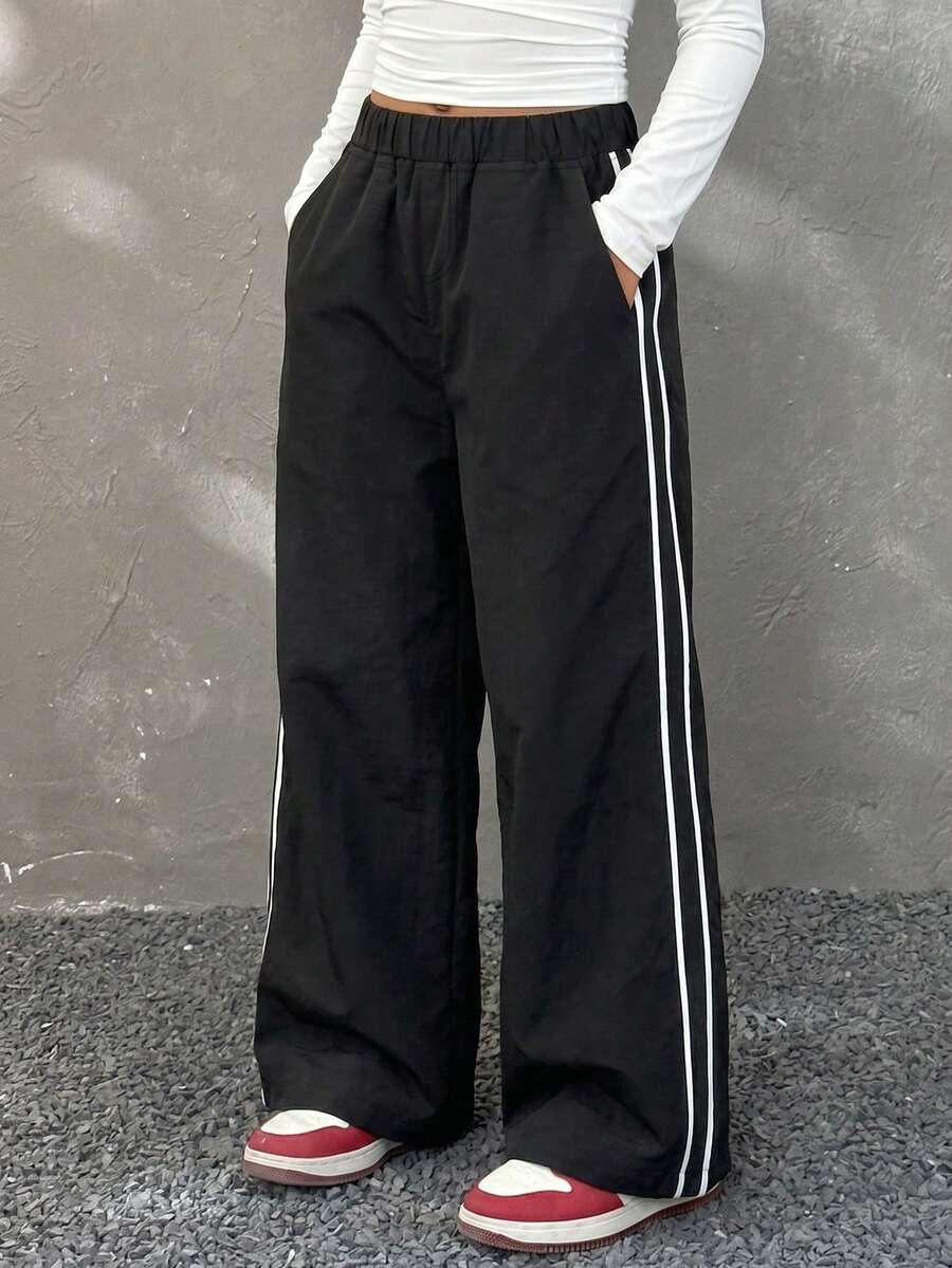 1pc Loose Fit Cargo Straight Leg Pants With Pockets, White Line Trim, Casual Outdoor/Indoor Sports Style For Girls 4-7 Years Old, Spring/Summer/Autumn - Black - View 1