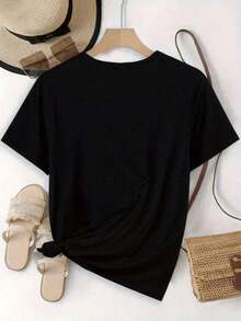 [Fashionable Letter Print T-Shirt] Women's Round Neck T-Shirt, Comfortable And Breathable, With Letter And Cartoon Print | Simple Design, Suitable For Everyday Leisure And Versatile, Showing A Natural And Elegant Style, A Must-Have For Summer Parties, Local Delivery, Daily Use. - 黑色 - 查看 3