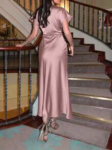 Elegant Women's Long A-Line Dress, Deep V-Neck Knitted Fabric, Ruffle Sleeves, Flared Hem Design, Twist Detail, Suitable For Party Wear Summer Pink - Pink - View 5